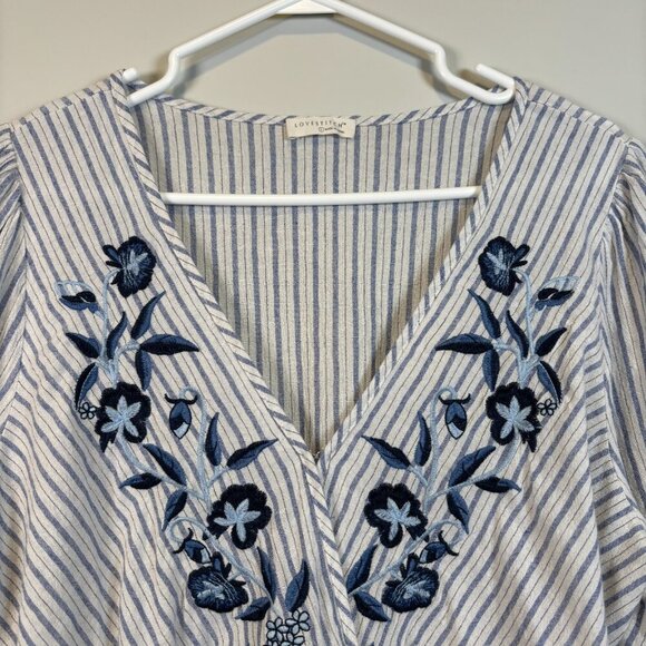 Lovestitch Size Large Boho Chic Embroidered Striped V-Neck Top Costal Chic Blue - Picture 3 of 15
